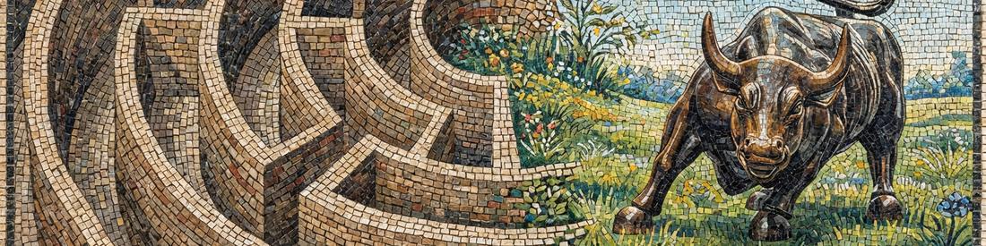 Mosaic depicting a maze/labyrinth that opens out to luscious meadows, with the black bull of Wall Street in it